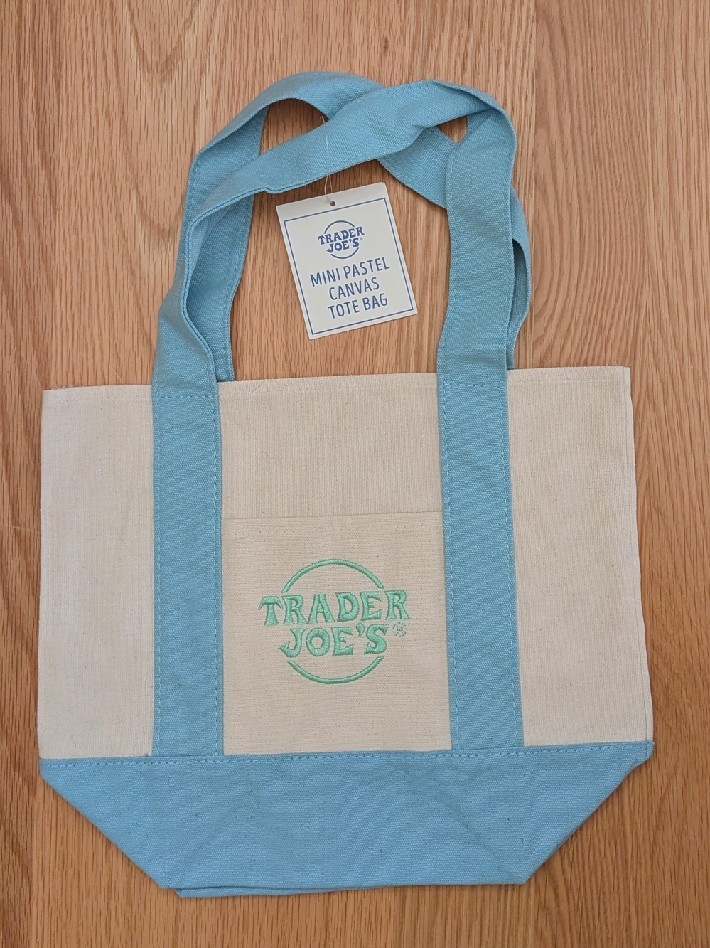 Trader Joe's Mini Pastel Canvas Tote Bag in Light Blue and Cream